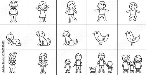 Stick figure character evolution set showing baby child adult family pets and birds in grid layout simple line vector illustration collection