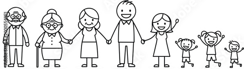 Stick figure multi generation family holding hands grandparents parents and children together unity concept in simple minimalist line vector illustration style