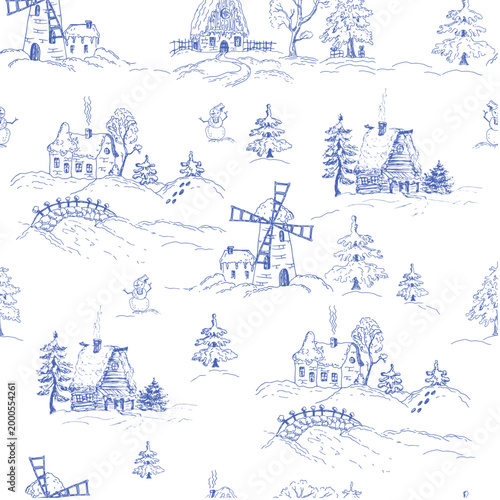  Winter rural landscape with cottage, windmill, bridge, snowman, trees, engraved Blue toile de Jouy pattern.