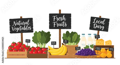 Flat lay illustration of a vibrant market stand with fresh produce and dairy products on display against a clean white background.