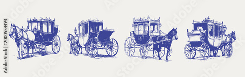 Vintage horse carriage elegant classic transport wedding set. Illustrations for invitations and decor, hand drawn sketch style with refined pencil lines and textured shading strokes.