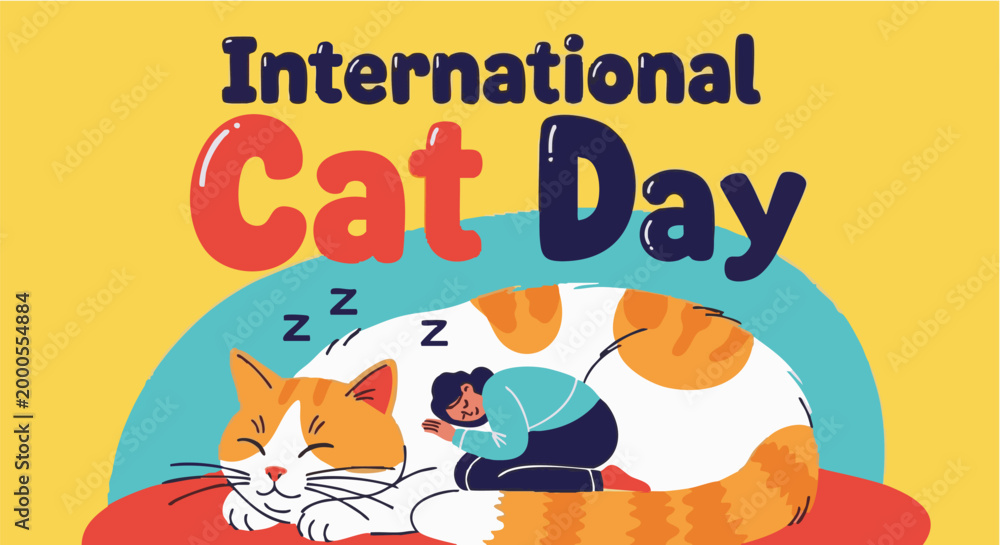 Fototapeta premium A giant Sleeping cats in colorful playful illustration for International Cat Day in vibrant flat design with bright colors