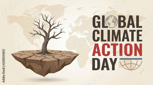 Global climate action day concept with dry tree on cracked earth highlighting climate change environmental crisis sustainability awareness and conservation campaign banner design