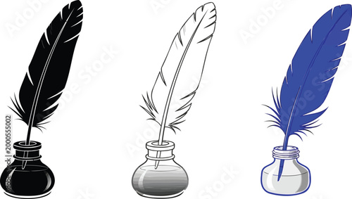 Feather and inkwell icon on light background. Poetry symbol. Literature, calligraphy, education, handwriting, classic writing pen. Outline, flat and colored style. Flat design. Vector illustration