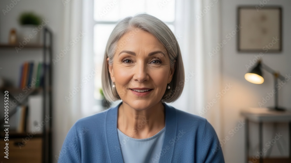 Fototapeta premium Warm and inviting portrait of a mature, elegant woman with silver hair styled in a classic bob, wearing a soft blue knit sweater, looking directly at the camera with a genuine, friendly smile in a