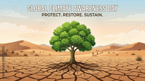 Global climate awareness day concept with green tree growing on cracked dry land symbolizing restoration sustainability protection and environmental recovery campaign banner