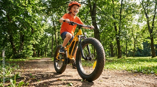 Energetic young boy wearing bright orange shirt rides rugged yellow electric bicycle through lush green summer park with beautiful light.