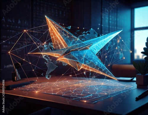 A luminous abstract starburst hologram composed of interconnected digital networks hovers over a glowing map on a desk, representing global technology and future innovation.