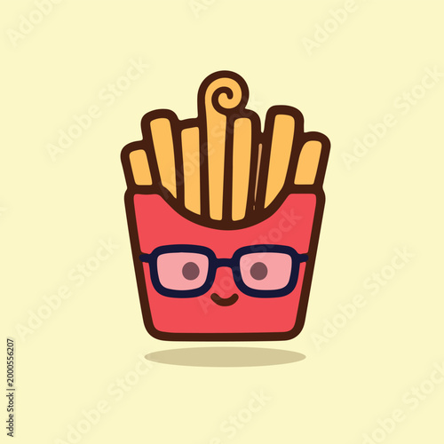 Adorable Kawaii French Fries Mascot with Square Glasses and Curly Fry, Funny Nerdy Fast Food Character Smiling, Cute Food Cartoon Clipart Sticker Illustration