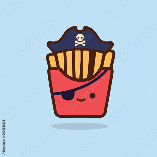 Adorable Kawaii French Fries Mascot Wearing Pirate Hat with Skull and Eye Patch, Funny Fast Food Character in Pirate Costume, Halloween Cartoon Clipart Sticker