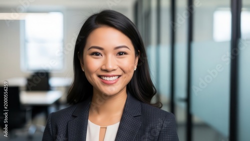 Confident and approachable young Asian businesswoman with a warm, genuine smile, wearing a tailored dark grey suit and cream blouse, posing for a close-up portrait in a modern, brightly lit office