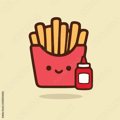 Adorable Kawaii French Fries Mascot with Ketchup Bottle Companion, Cute Fast Food Character with Happy Face, Food Cartoon Clipart Sticker Illustration