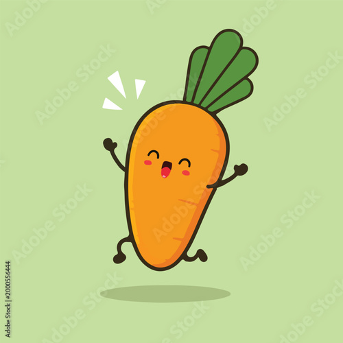 Happy Excited Cartoon Carrot Mascot Leaping with Shining Effect and Big Smile, Kawaii Vegetable Character Cheering in Celebration, Fun Food Cartoon Clipart Sticker