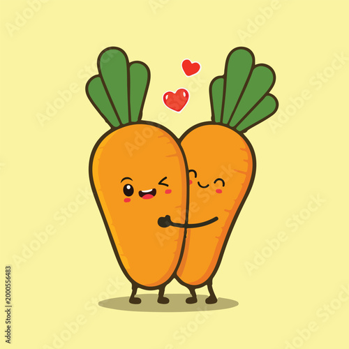Adorable Kawaii Carrot Couple Embracing with Pink Hearts, Two Cute Vegetable Mascots in Romantic Hug Pose, Valentine's Day Cartoon Clipart Sticker Illustration