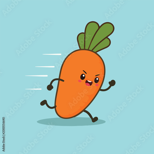 Funny Determined Carrot Mascot Sprinting with Motion Lines, Kawaii Vegetable Character Running in Angry Expression, Sport Fitness Cartoon Clipart