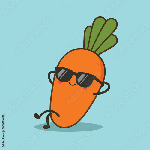 Funny Cool Carrot Mascot with Black Sunglasses Leaning Casually, Cute Kawaii Vegetable Character with Swag, Summer Cartoon Clip art Sticker