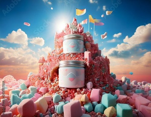 Giant Cosmetic Cream Jars Ascend a Pastel Candy Fortress Under a Bright, Dreamy Sky