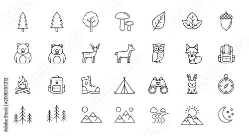 Camping and Nature Icons Set: Forest Animals, Trees, Gear, Mountains