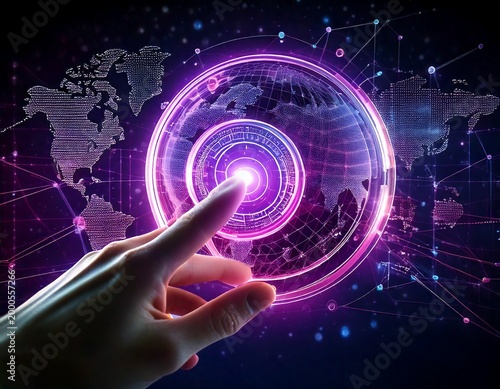 Hand Interacting with a Futuristic Glowing Digital Interface on a Global Network Background