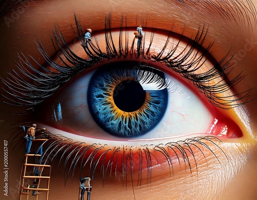 Macro view of a giant human eye with miniature workers on scaffolding, showcasing intricate detail and immense scale
