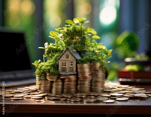 Miniature Cottage Blossoming on Stacked Gold Coins Symbolizing Wealth and Investment Growth