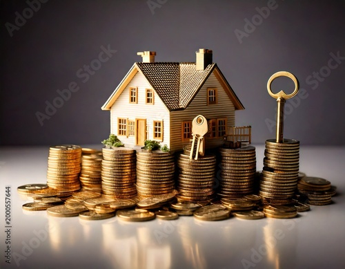 Small house model balanced on stacks of gold coins with a key, representing property investment and financial growth