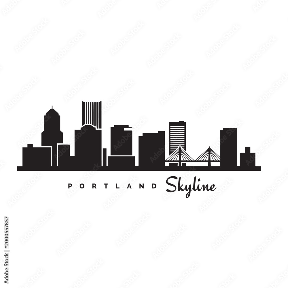 Naklejka premium Portland skyline icon in simple black and white style, featuring a clean silhouette of urban buildings and bridge elements.
