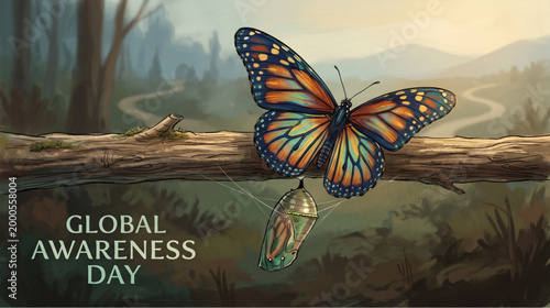 Global awareness day concept with butterfly transformation symbol on nature background representing growth change hope life cycle and environmental awareness banner design
