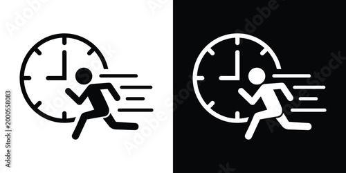 Conceptual vector icon showing a person running against time. Represents urgency, deadline, efficiency, and time management. Perfect for business, productivity, and project management graphics.