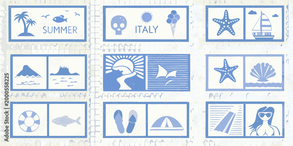 Fototapeta premium stamp style summer illustrations with blue and white colors high quality professional detailed modern elegant