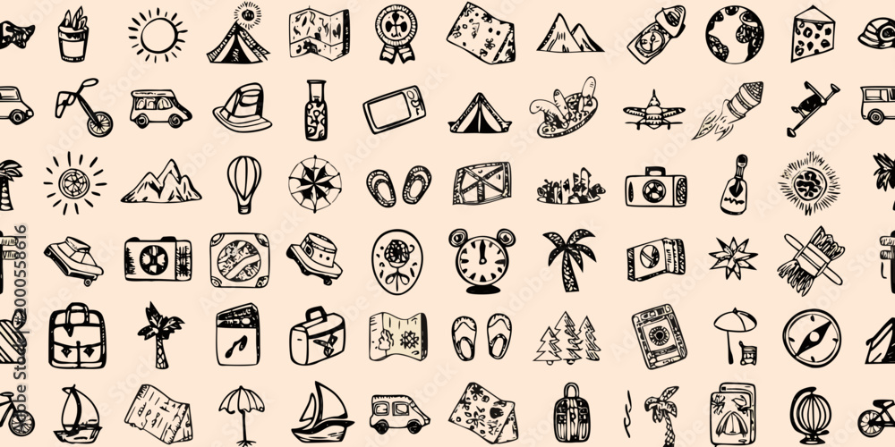 Fototapeta premium travel icons set in black and white line art style on beige background high quality