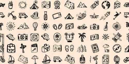 travel icons set in black and white line art style on beige background high quality