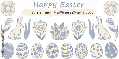 happy easter greeting card with rabbits flowers and eggs in blue and cream high quality