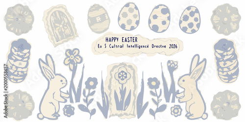 line art easter collection with rabbits eggs flowers and happy easter text high quality professional