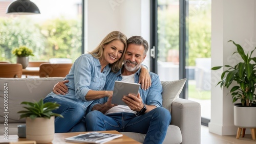 Warm and inviting middle-aged couple, dressed in casual denim attire, affectionately embracing on a comfortable grey sofa while joyfully viewing content together on a modern tablet device within a