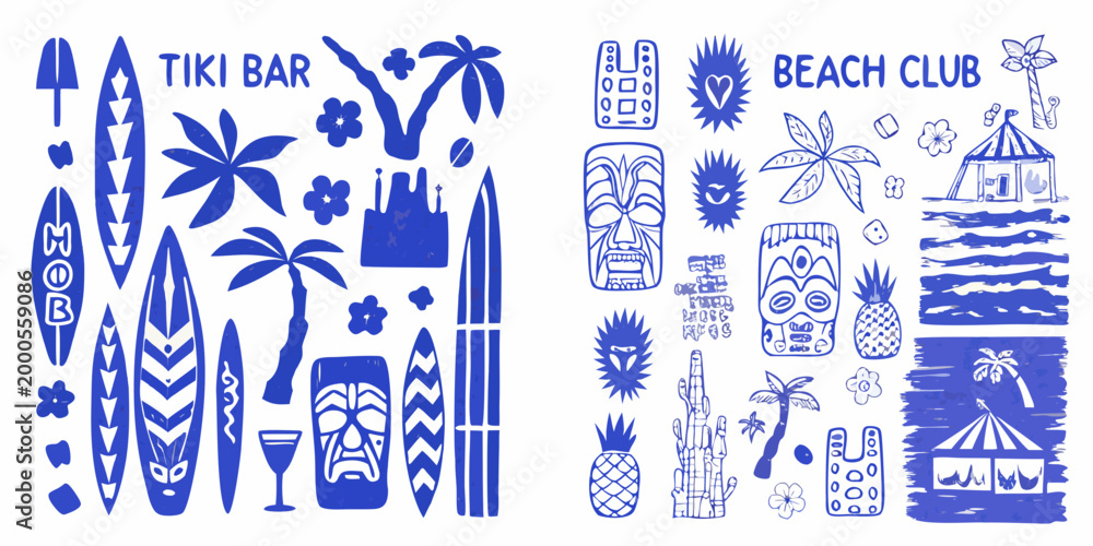 Fototapeta premium tropical themed illustrations with surfboards masks flowers and beach club elements high quality professional detailed