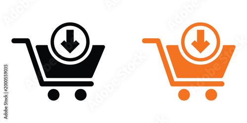 Shopping cart download icon, ecommerce transaction graphics, online retail symbols, digital purchase concept, vector illustration