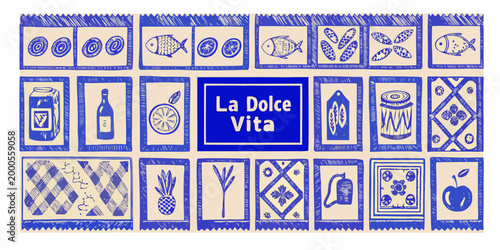 illustration of italian culinary elements with blue and beige color scheme high quality professional detailed