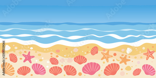 beach scene with colorful shells and starfish on sandy shore high quality professional detailed modern
