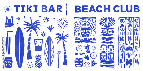 tiki bar beach club icons in blue vector style on white background high quality professional
