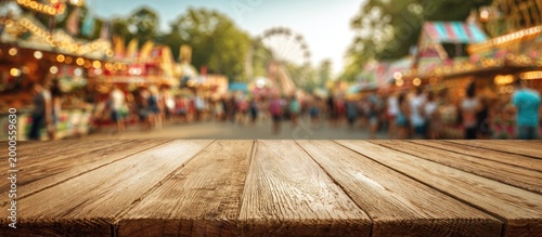 A blurred carnival scene is presented with a wooden tabletop in the foreground.