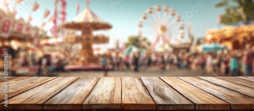 A blurred carnival scene is presented with a wooden tabletop in the foreground.