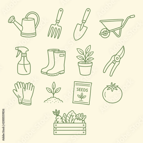 Gardening tools and vegetables icons set green line art illustration