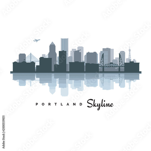 Portland skyline with reflection in modern flat vector style, featuring layered buildings in dark and light gray tones. The composition includes recognizable urban elements such as bridges, varied sky