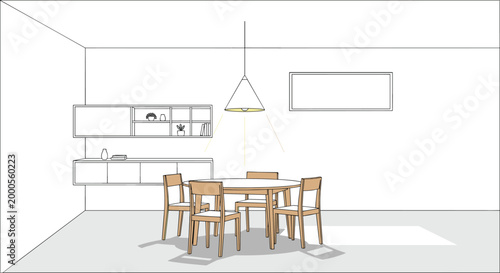 Minimalist illustration of a dining room with a round wooden table, four chairs, a pendant light, and wall-mounted storage cabinets.