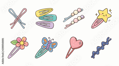 A vibrant collection of cute and colorful hair clips and bobby pins in various shapes and designs, perfect for children's playful styles.