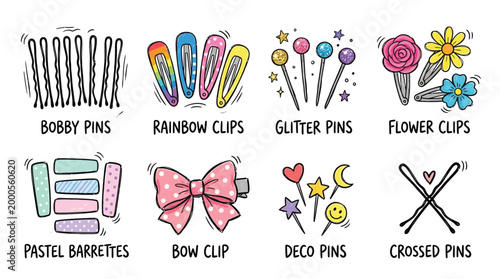 A collection of various hair accessories including bobby pins, rainbow clips, glitter pins, flower clips, pastel barrettes, bow clips, deco pins, and crossed pins.