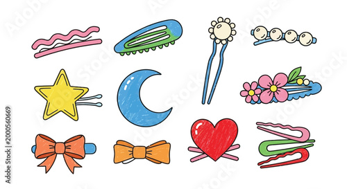 A vibrant collection of hand-drawn hair clips and accessories in various shapes like stars, moons, hearts, and bows.