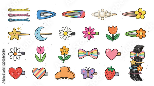 Tablou pe pânză A vibrant collection of various cute and colorful hair clips and barrettes featuring playful designs like stars, moons, flowers, bows, and hearts, perfect for children and fashion accessories