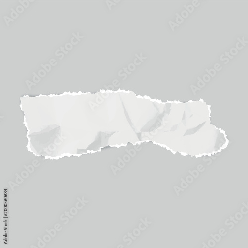 White crumpled torn paper strip, vector realistic torn sheet cardboard fragment, wrinkled page scrap with ripped edges
